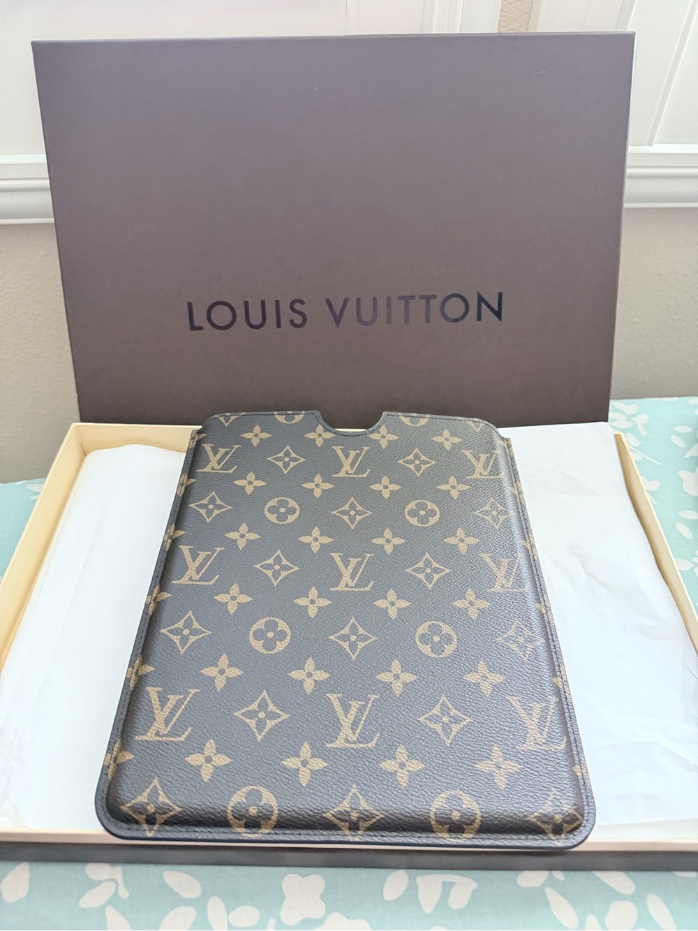 Authentic Louis Vuitton Monogram Tablet Sleeve in Brown and Gold
